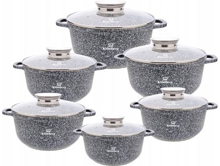 Klönberg Induktions-Topfset, Aluguss-Topf mit Antihaftbeschichtung, Topfset mit Glasdeckel für alle Herdarten, auch Induktionsherde (Schwarz, 12 tlg)