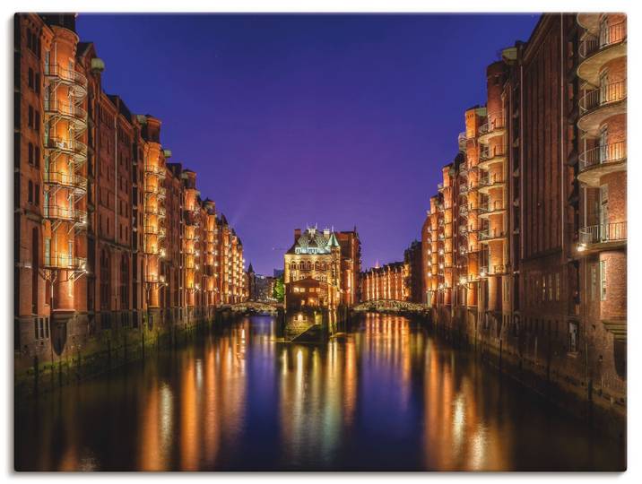 Leinwandbild ARTLAND Hamburg Speicherstadt bei Nacht , gold (farbe bild(er): goldfarben), B:60cm H:45cm, Bilder, Leinwandbild, auf Holzrahmen gespannt