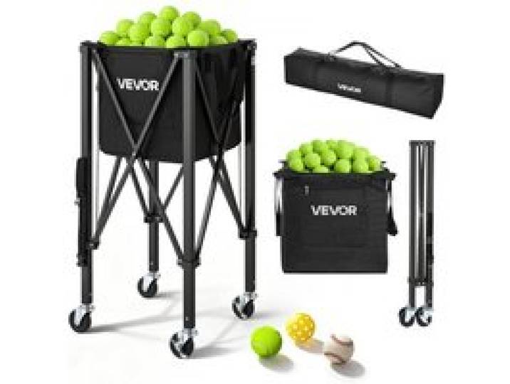 VEVOR Tennisballwagen Faltbar, Tennisballkorb für 150 Tennisbälle, Klappbarer Ballwagen mit Rahmen aus Aluminiumlegierung & Tragetasche, Mobiler Ballkorb mit Rollen für Training Aufbewahrung, Schwarz