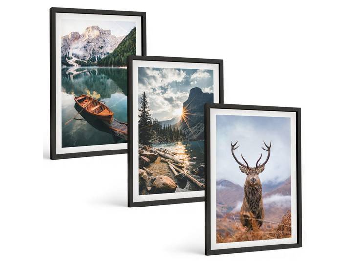 Tulup Bilder SET 3er Set - 40x60 cm Schwarzer Rahmen - Bergsee, Bootsfahrt, Sonnenuntergang, Hirsche, Kunststoff, Rechteckig, 40x60 cm, Fotografie, Bilder & Rahmen, Bilder