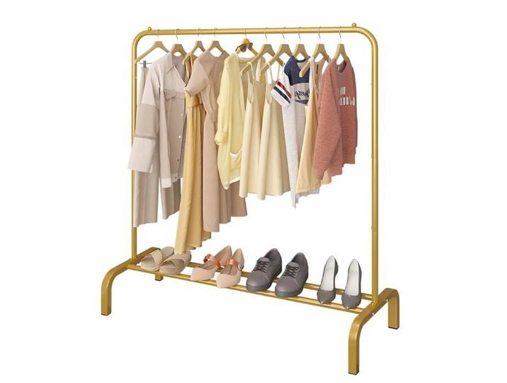 Portant à vêtements métal doré 110 cm avec étagère à chaussures - Manteau jupes chemises - Autoportant style vintage