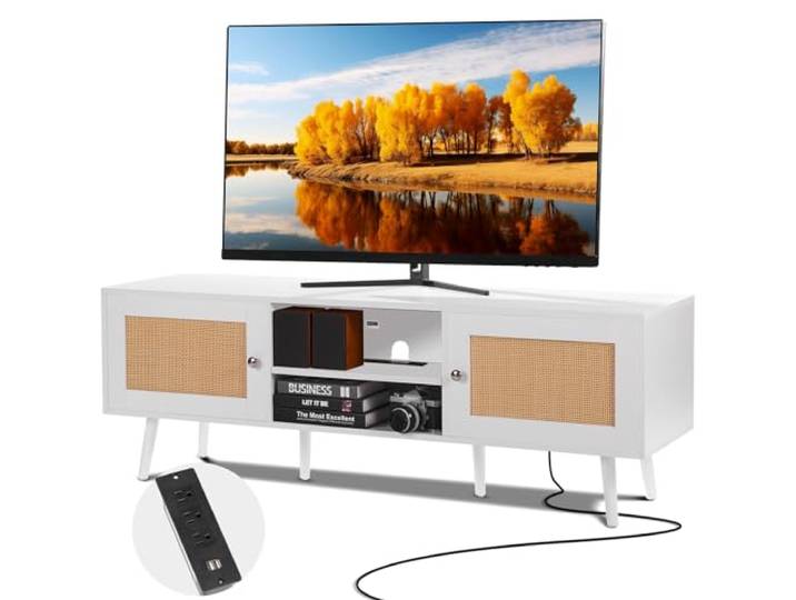 VEVOR Meuble TV en Rotin pour Téléviseur de 65 Pouces\, Banc TV Bohème Porte en Rotin\, Centre de Divertissement avec Prise Intégrée et Ports USB\, Console TV Moderne pour Salon\, Salle Multimédia\, Blanc