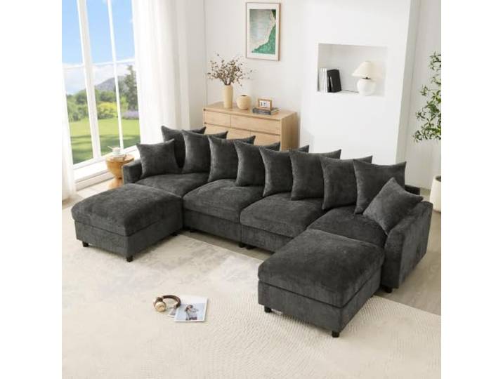 BTM Modulares Sofa U Form/L Form Ecksofa mit 2 Fußhockern und 10 Kissen Wohnzimmer Cloud Couch Grau