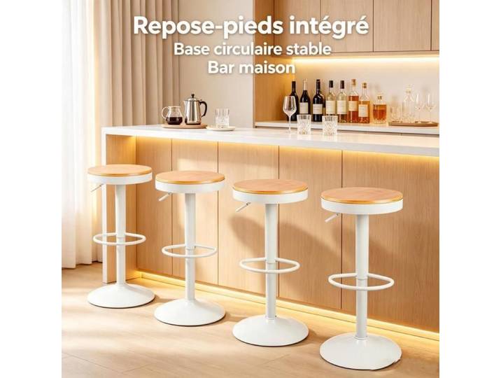 Chleby Lot de 4 Tabourets de Bar Design Scandinave Pour Petit Appartement Réglable en Hauteur 55 - 75 cm Pivotant 360° Assise Bois