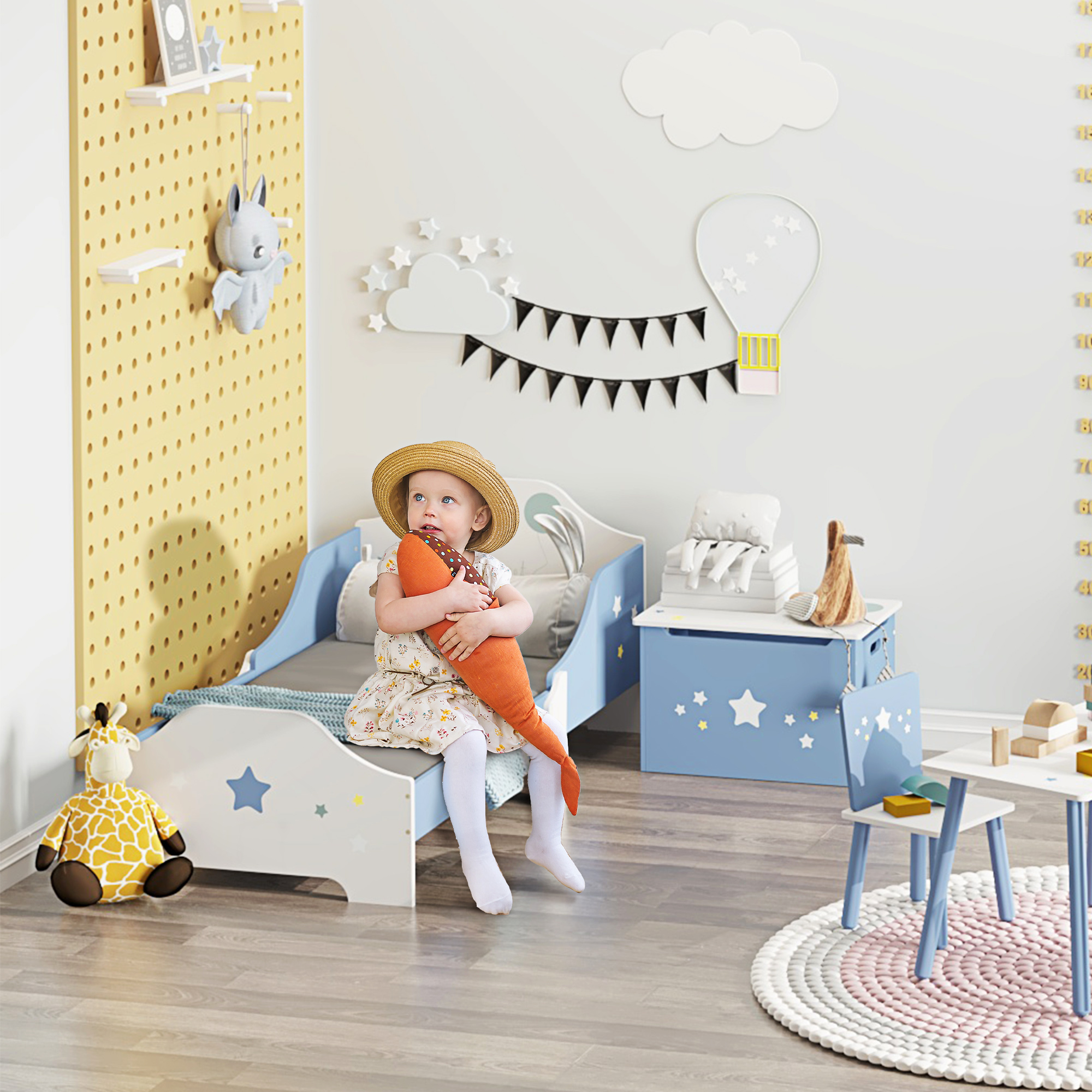 Homcom Letto Basso per Bambini +3 Anni con Sponde, Lettino Blu e Bianco,Atrezzatura Stanza per Bambino 143 x 74 x 59 cm Aosom