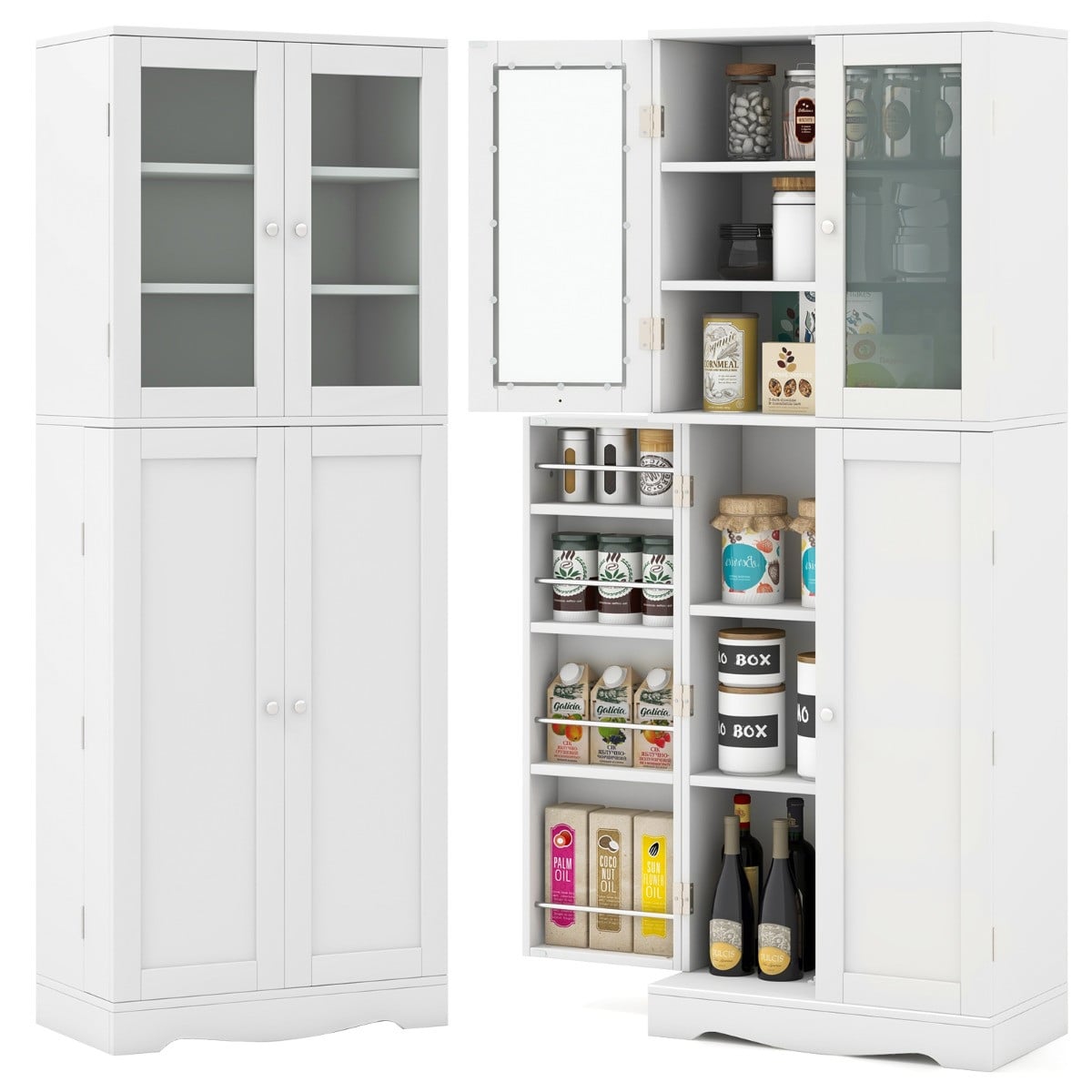 Costway Hoge Keukenkast met Glazen Deuren en Planken, Wit, Hoogte: 161,5 cm