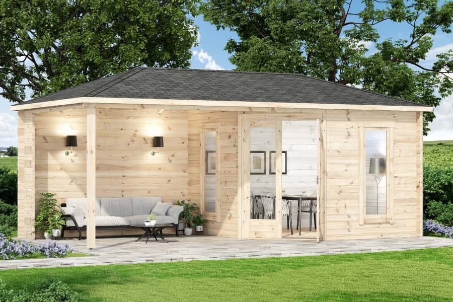 Alpholz 5-Eck Holz-Gartenhaus Liwa 614x317cm Naturbelassen 40mm Wandstärke