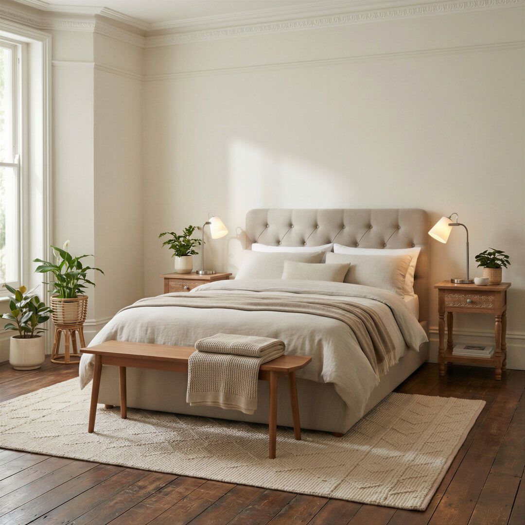 Ebern Designs Haiden Upholstered Ottoman Bed Frame - Deep Button Tufted Headboard Design Beige Fabric King
