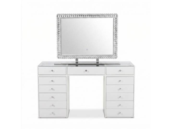 Coiffeuse Homeluxury avec miroir 80cm - Blanche Vitrée 150cm avec 13 tiroirs