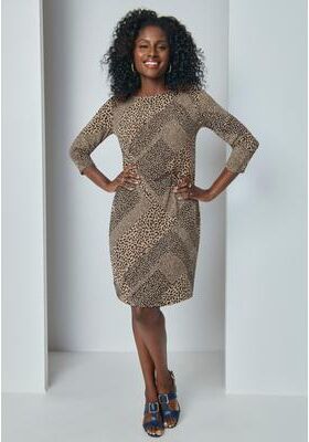 Plus Size Women's Stretch Cotton Boatneck Shift Dress by Jessica London in New Khaki Animal Patchwork (Size 22 W) Stretch Jersey w/ 3/4 Sleeves