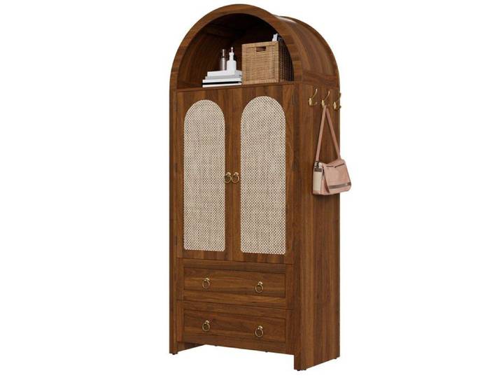 Armoire de Rangement Haute Armoire en Bois Meuble de Rangement Conception avec Dessus Incurvé 2 Tiroirs 2 Portes Noyer