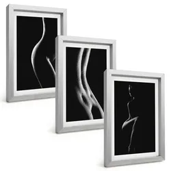 BILDER SET 3er Set - 20x30 cm Silberner Rahmen - Schwarz-weiße weibliche Silhouetten