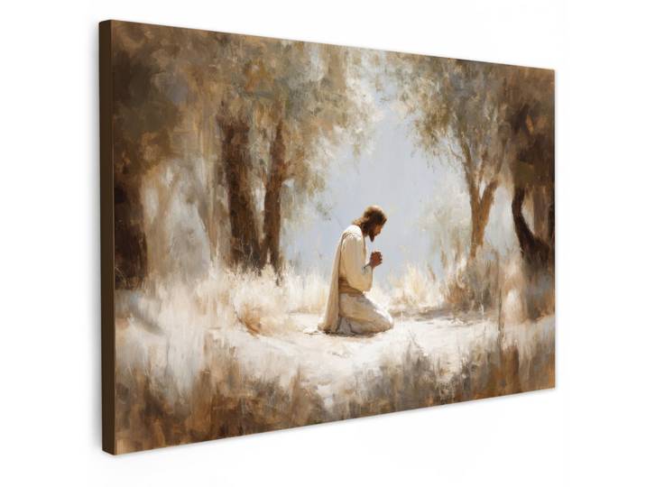 LEINWANDBILD Jesus - Kniend - Waldlandschaft - Betend Gemälde 60x40 cm