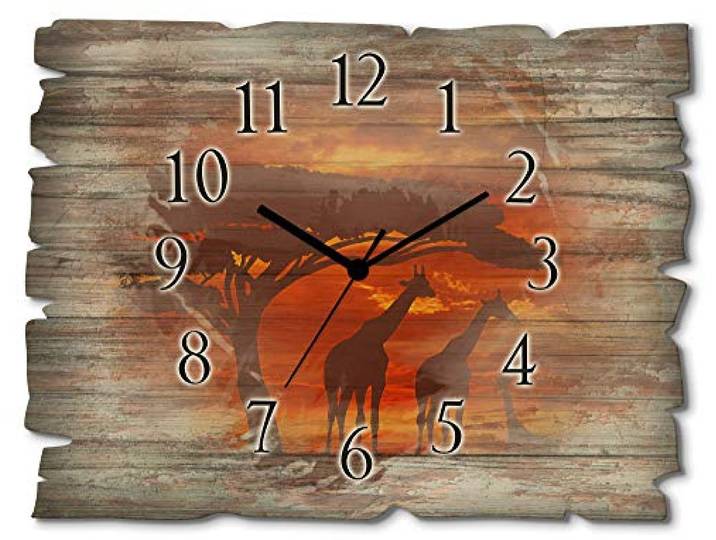 ARTLAND Wanddeko Wanduhr ohne Tickgeräusche aus Holz Funkuhr 40x30 cm Rechteckig Lautlos Afrika Tiere Giraffe Safari Sonnenuntergang Kolonialstil S8WS