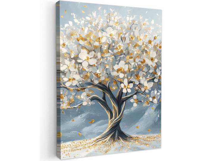MuchoWow Leinwandbild - Baum - Winter - Baum des Lebens - Modern - Gold - 60x80 - Gemälde, Goldfarben, Textil, Kiefer, Abstrakt, Rechteckig, 60x80 cm, gerahmt, Bilder & Rahmen, Bilder, Wandbilder