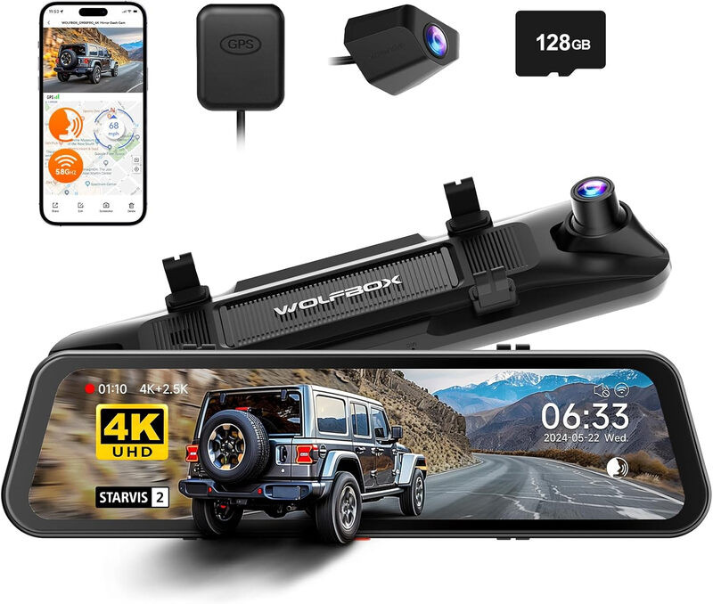WOLFBOX G900PRO 12 inch 4K spiegel dashcam met Sony-sensor, GPS en wifi, voor 4K voorzijde en 2,5K achterzijde