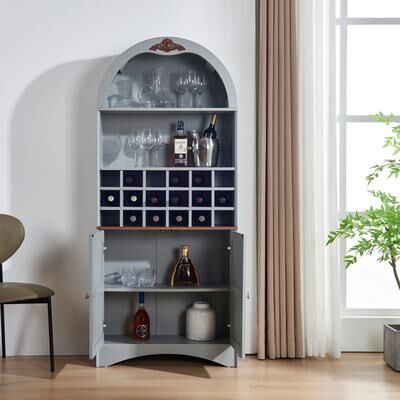 GREATPLANINC Arched Wooden Wine Bar Cabinet Liquor Bookcase
