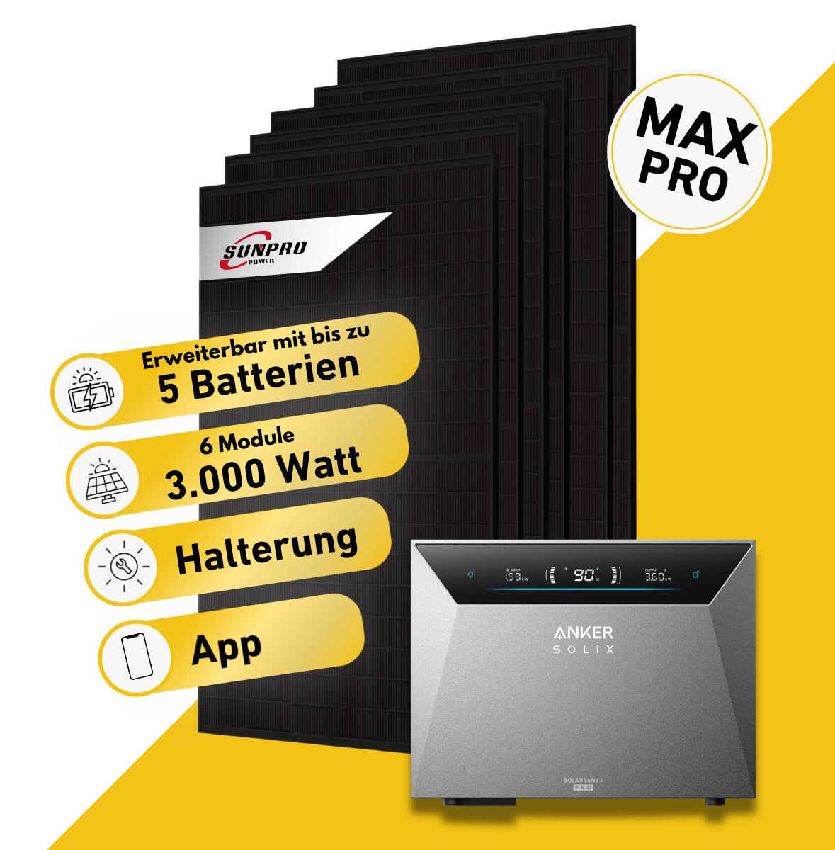 Balkonstrom Balkonkraftwerk 3000W Solaranlage mit Speicher | Bitumendachhalterung | 6x Solarmodul Bifazial | Anker Solix 4 Pro | Kabel 15m