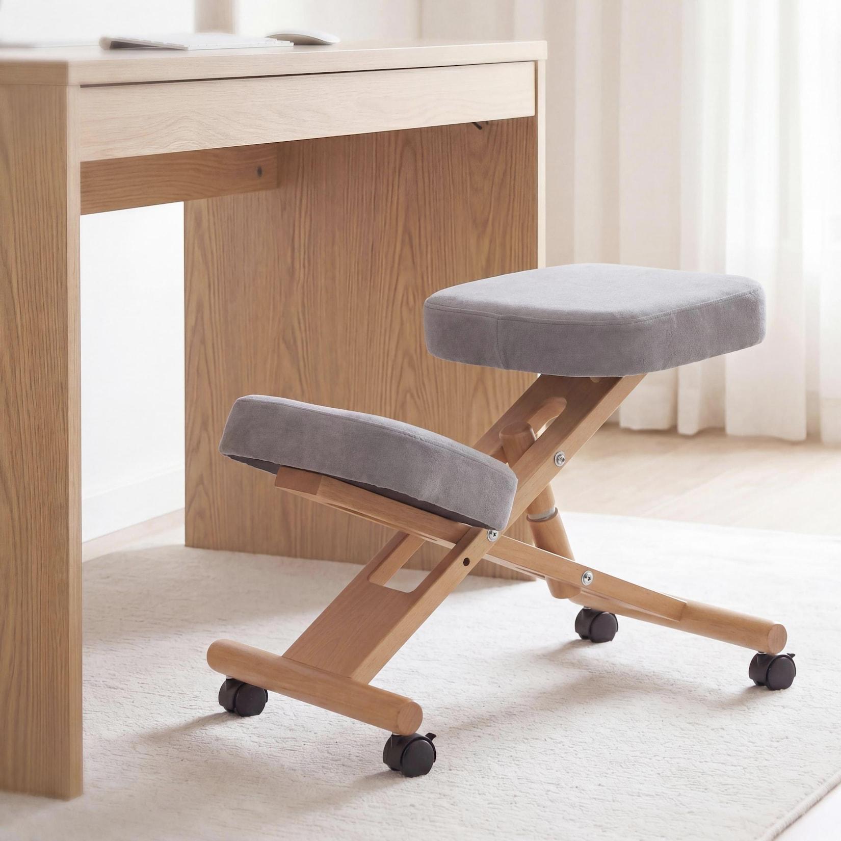Kniestuhl MCW-Q46, Sitz-/Kniehocker höhenverstellbar Rollen Stoff/Textil (200g/m²) Holz ~ grau