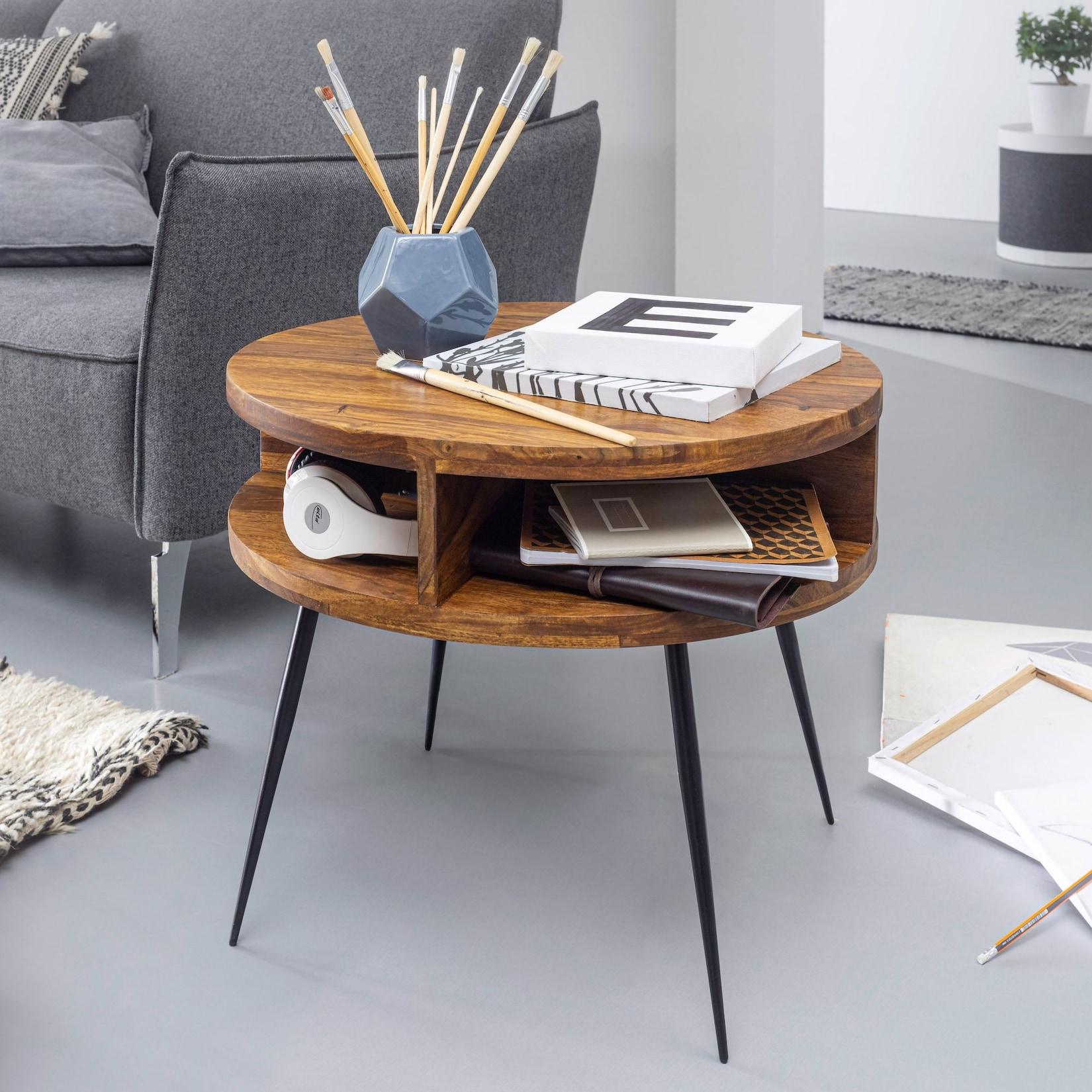 FineBuy Couchtisch Sheesham Massivholz rund Ø 60 cm Wohnzimmertisch Ablage