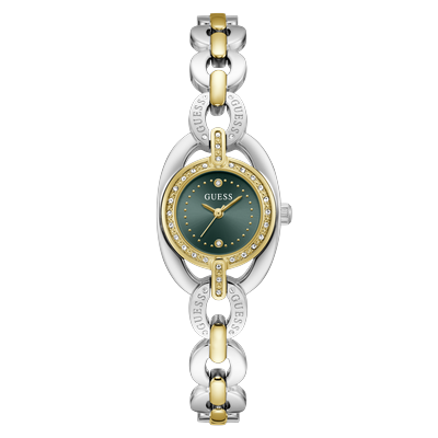 Quarzuhr GUESS "BLAIR", gold (silberfarben, grün, goldfarben), Armbanduhren, Damen, Quarzuhr, Armbanduhr, Damenuhr, Edelstahlarmband, analog