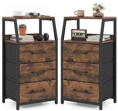 "Costway Set of 2 30.5"" Tall Nightstand with 3 Fabric Drawers and 2 Spacious Open Shelves-Rustic Brown"