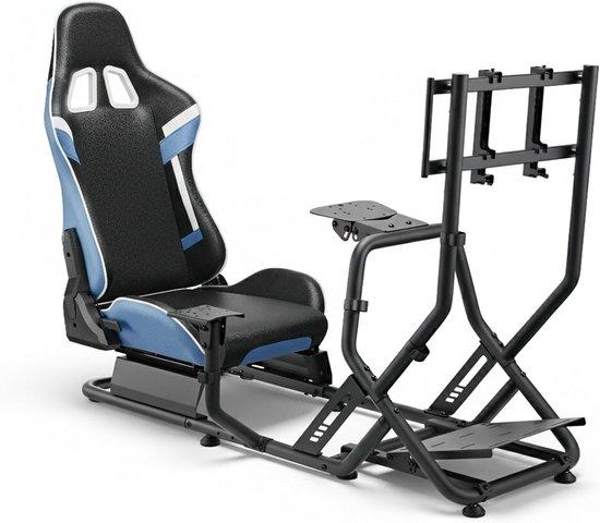 Racestoel-Cockpit-Simulator - Blauw, aus Kunstleder - Vollständig verstellbar - Mit Monitorhalterung - Für Sim-Racing