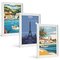 BILDER SET 3er Set - 40x60 cm Weißer Rahmen - Küstenstädte und Architektur
