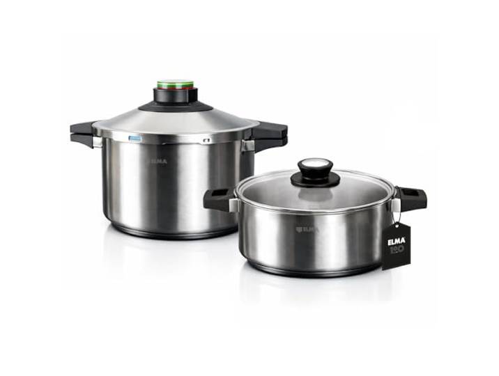 ELMA Prêst Schnellkochtopf Set 4 + 6 Liter, Ø 24 cm 18/10 Edelstahl, Induktionsgeeigneter Kapselboden, 2 Garstufen, Dreifaches Sicherheitssystem, Glasdeckel Inklusive