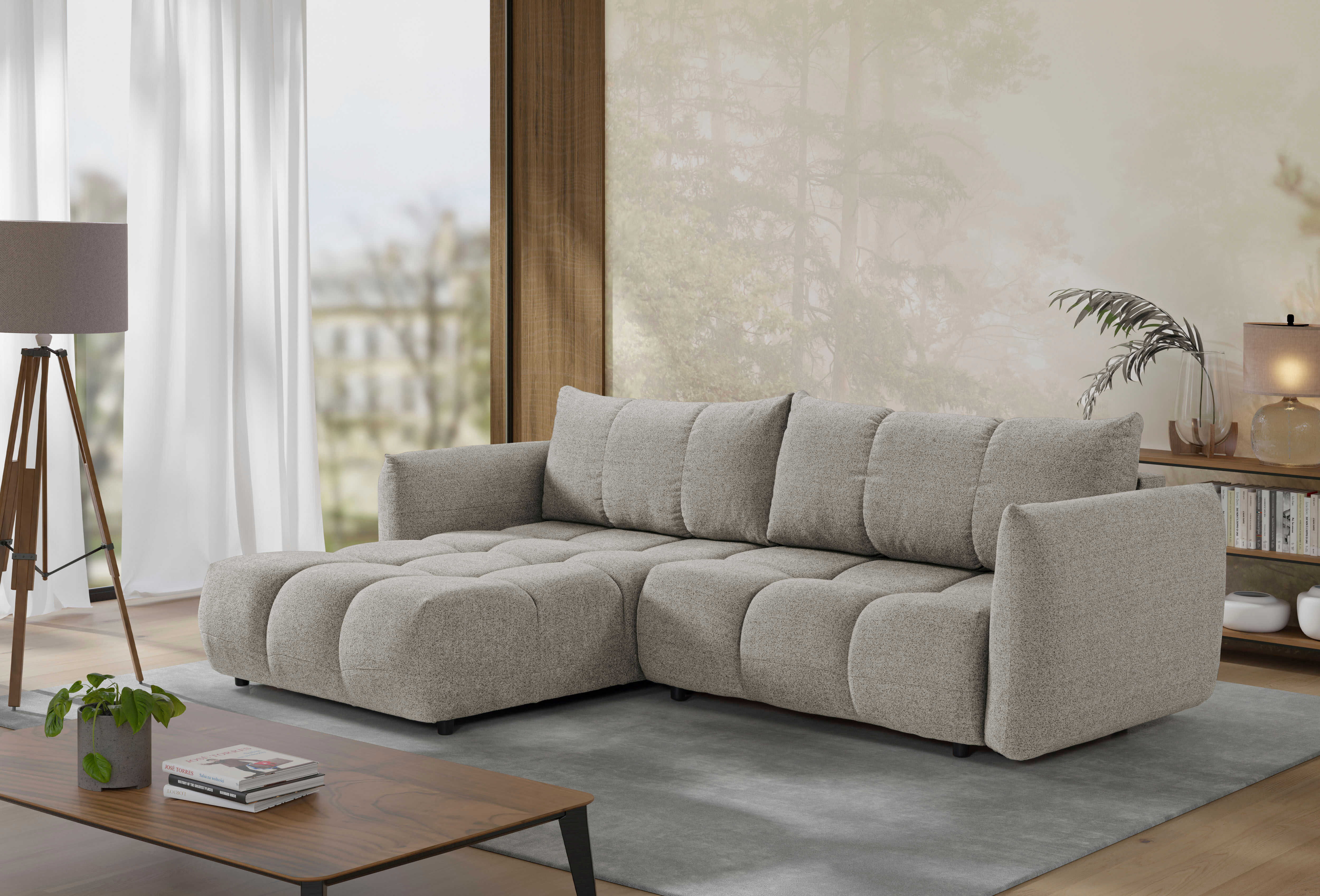 Ecksofa EXXPO - SOFA FASHION "Livonia, B/T: 260/187, modern & praktisch für kleine Räume", beige (mokka), B:260cm H:87cm T:187cm, Sofas, Ecksofa, Mit Bettfunktion & Bettkasten,hoher Sitzkomfort,inkl. Steppung, L-Form