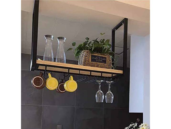 OOPDNEGAK Hängender Weinregal-Präsentationsständer – Weinglashalter Decke, Wandmontierter Massivholz-Pflanzenständer, Einstufiges Schmiedeeisen-Küchenregal/Präsentationsregal(120 * 30 * 50cm)