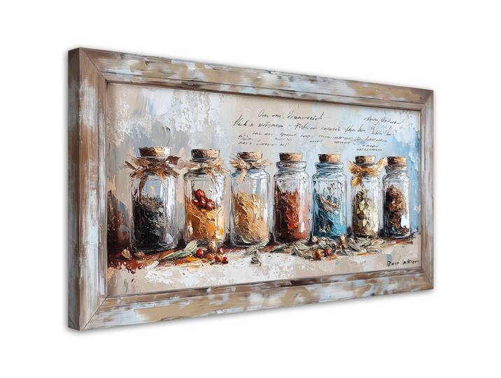 Feeby Leinwandbild Kräuter Gewürz Gläser 120x60cm, Beige, Essen/Getränk, Rechteckig, 120x60 cm, Bilder & Rahmen, Bilder, Leinwandbilder