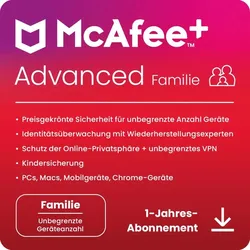 McAfee+ Advanced - Family - Abonnement-Lizenz (1 Jahr) - Download - Win, Mac, Android, iOS - Deutsch - R