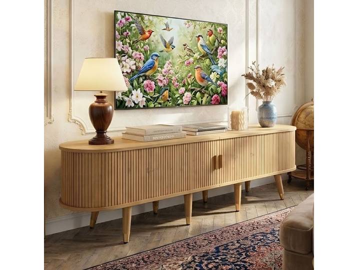 Meuble TV 175cm - Porte Coulissante Fluide - Rangement Grand - Style Rustique Chic - Pieds Métal Doré - Bois Naturel