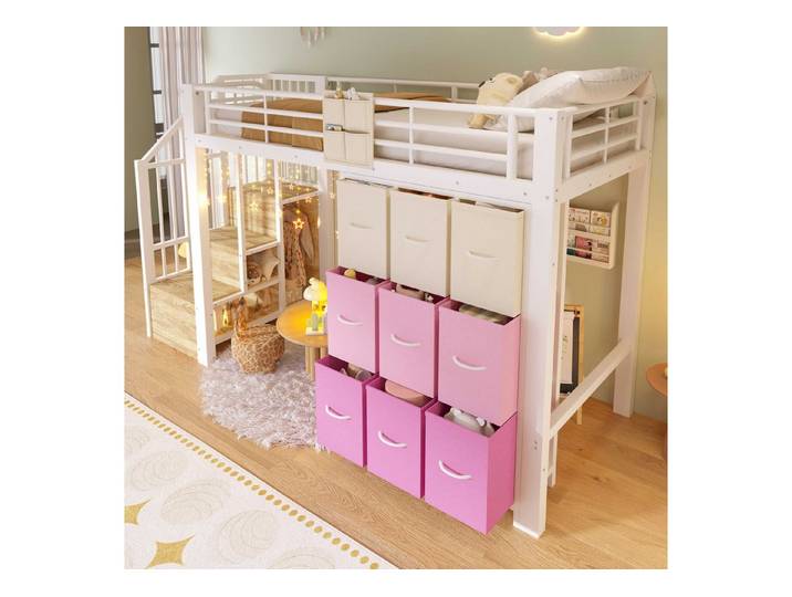 BlingBin Hochbett 90×200 cm mit Schubladen, Kleiderstange, Geländer, ohne Matratze (1-St., Kinder-/Jugendbett mit Treppe & Stauraum, Schubladen-Kommode) platzsparend mit Stauraum, für Kinder & Jugendliche