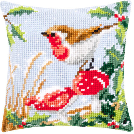 Kreuzstichkissen "Rotkehlchen & Fliegenpilz Winter"