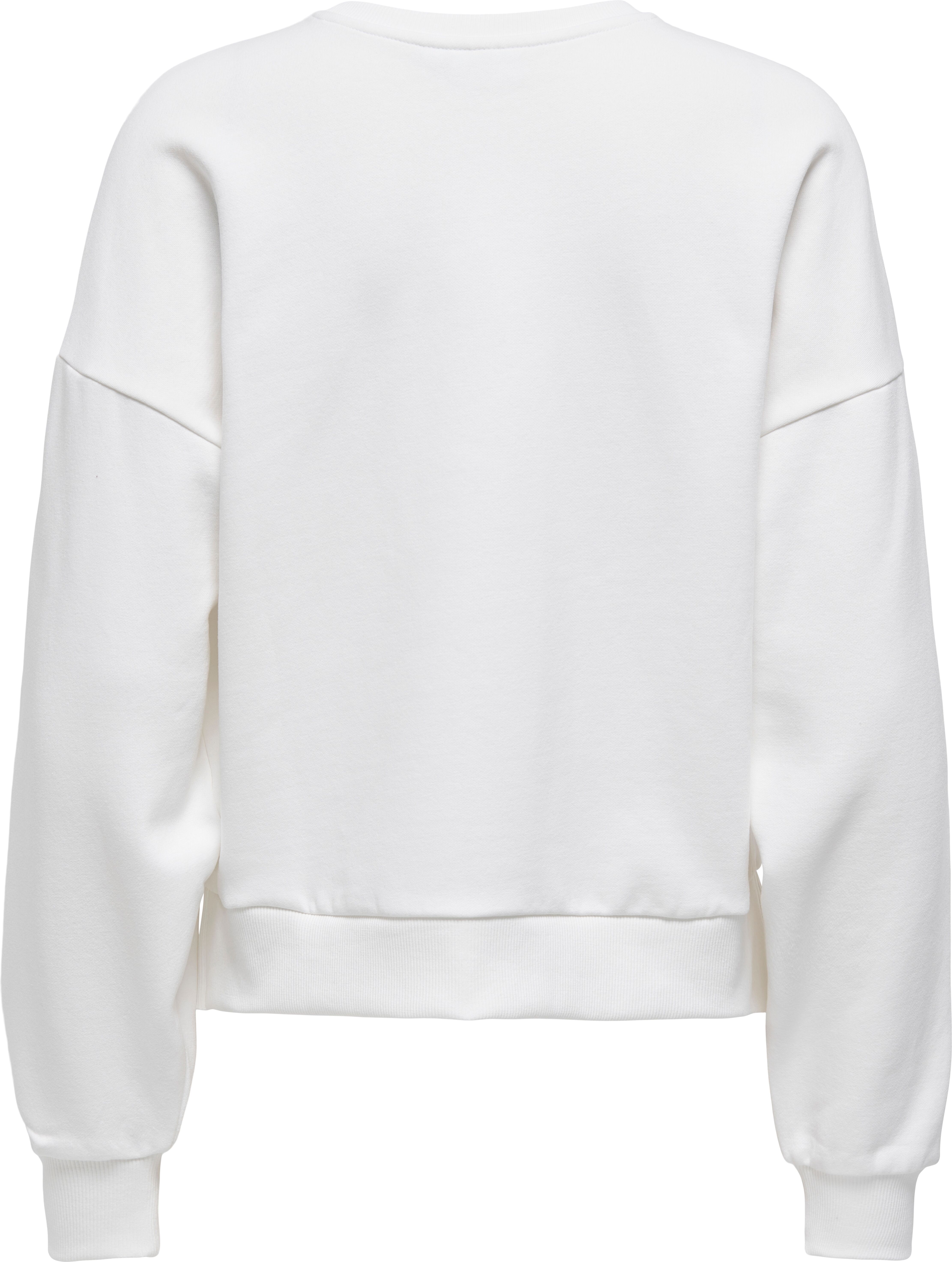 Sweatshirt ONLY "ONLJENNA L/S O-NECK EMB. BOX SWT", Damen, Gr. S, weiss (cloud dancer detail:wild heart awesome), Sweatware, Obermaterial: 60% Baumwolle, 40% Polyester, bedruckt, Rundhals, Sweatshirts Sweatshirt cloud dancer detail:wild heart awesome S