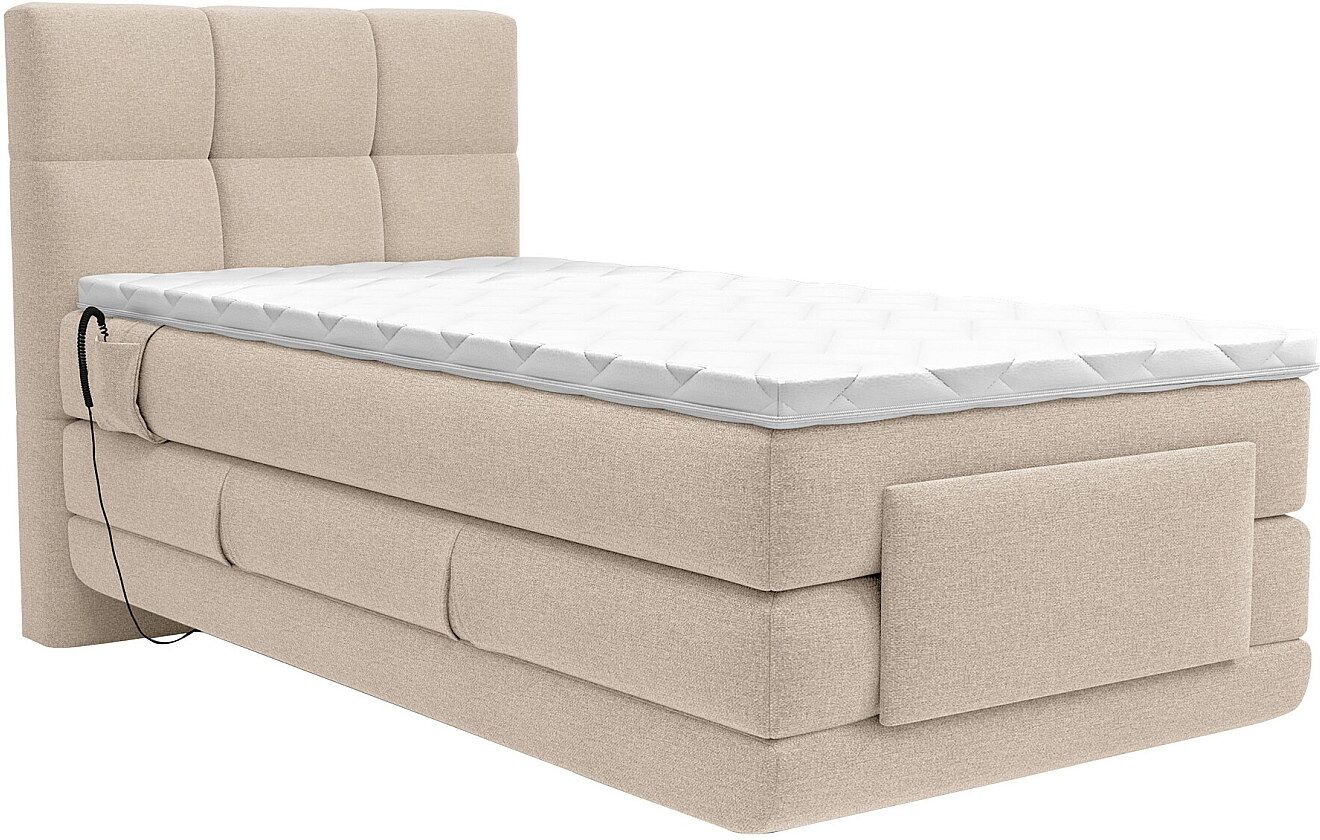 Vente-unique Boxspringbett mit gestepptem Kopfteil + elektrischem Untergestell mit Relaxfunktion + Matratze + Topper - 100 x 200 cm - Stoff - Beige - LODI von PALACIO