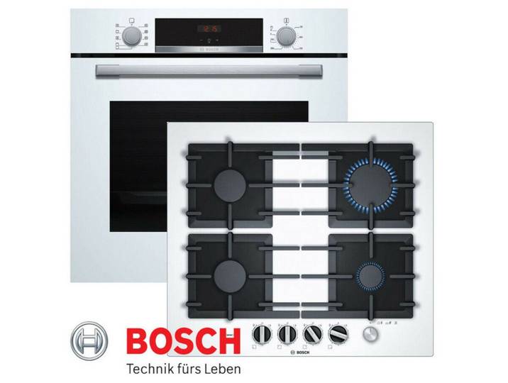 BOSCH Gasherd-Set Gas Herdset Autark Elektro Backofen Weiß + GAS Glaskeramik Kochfeld, mit 1-fach-Teleskopauszug