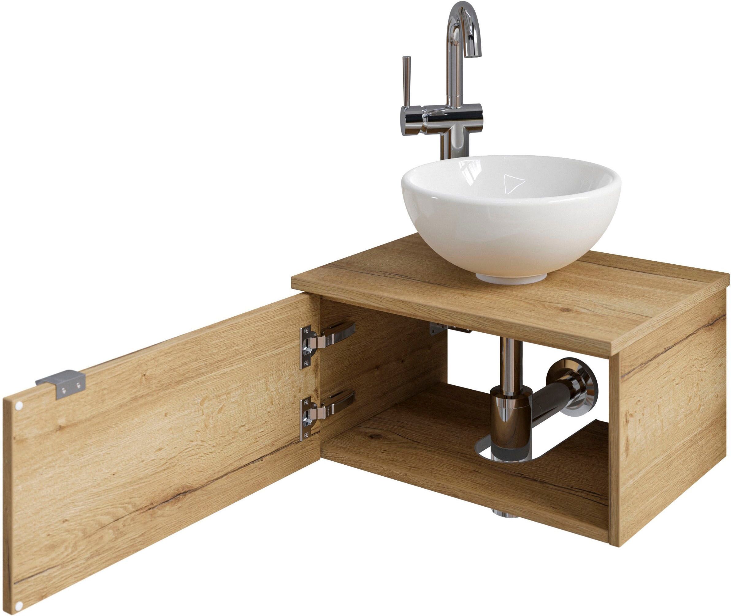 Waschtisch SAPHIR "Serie 6915 Waschschale mit Unterschrank für Gästebad, Gäste WC", braun (halifax eiche, halifax eiche, halifax eiche quer nb), B:51cm H:39,8cm T:35cm, Waschtische, Waschtisch, 51 cm breit, 1 Tür, Waschtischplatte, kleine Bäder, ohne Arma