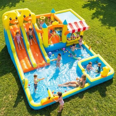 Klokick 11-in-1 Inflatable Water Bounce House with Double Slide, Splash Pool, Climbing Wall, Water Gun and 750W Blower