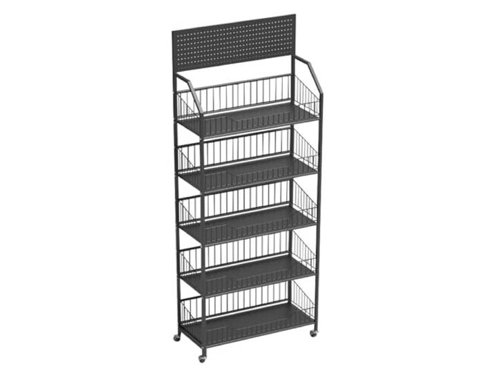 Fivaz 5-stöckiges Supermarkt Verkaufsregal, robust, rollbarer Einzelhandels-Ausstellungsständer mit 15 Haken und soliden Plattenregalen, multifunktionales Snackregal aus Metall für den Laden