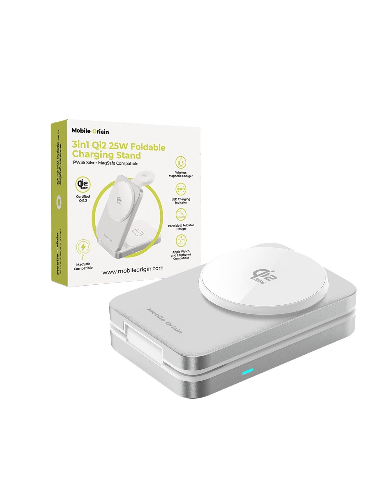 Mobile Origin 3in1 Qi2 25W Foldable Charging Stand PW35.MagSafe Compatible - Silver