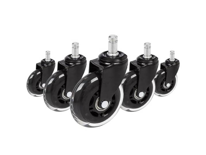 hjh OFFICE 729404 Bürostuhlrollen ROLO SKATE Schwarz/Transparent 5 x Hartbodenrollen 11 mm x 75 mm ohne Bremse