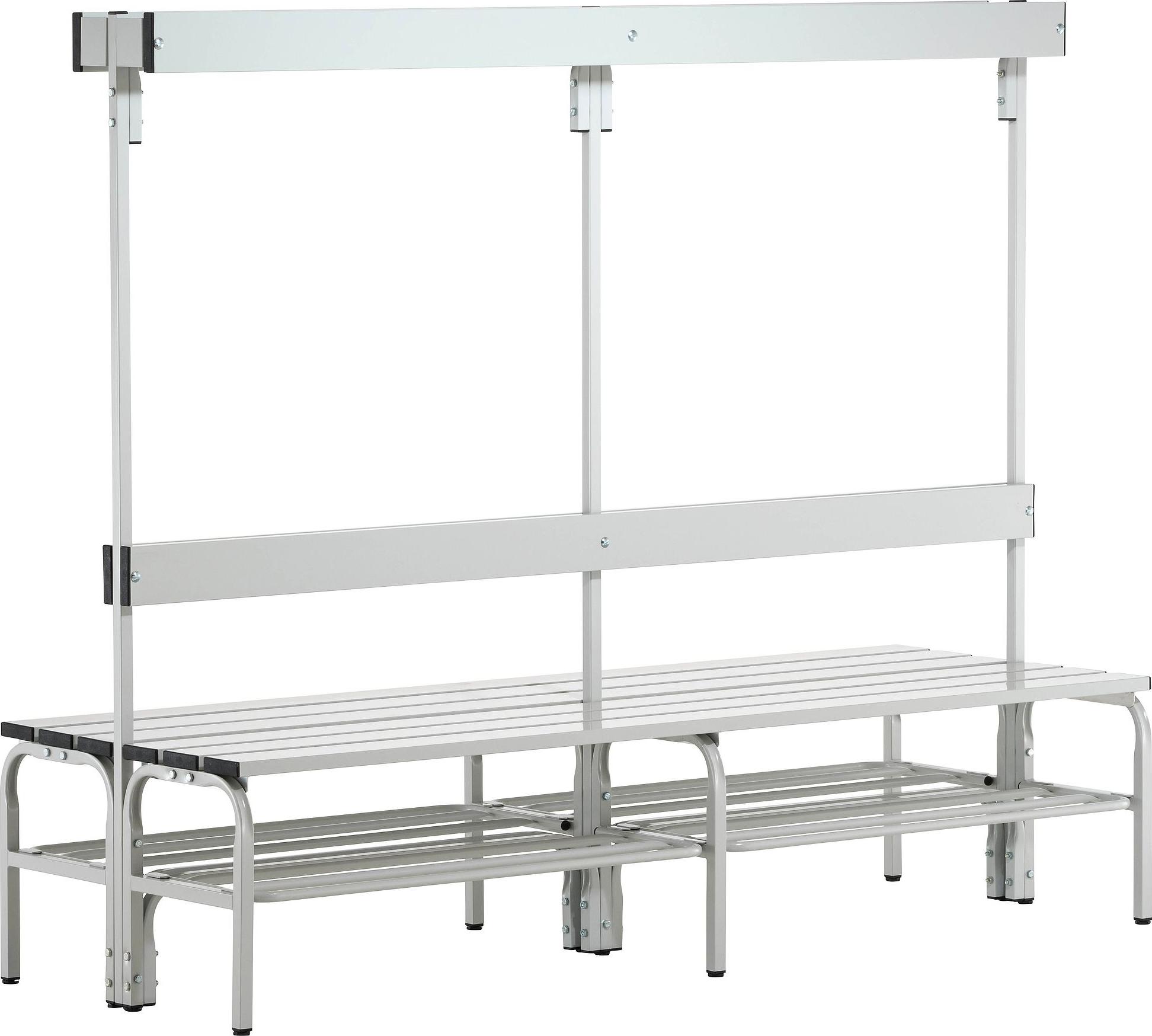 Doppelseitige Garderobenbank, Hakenleiste, mit Schuhrost, Edelstahl/Alu, TxH 725x1650 mm, Länge 2000 mm, RAL 7035