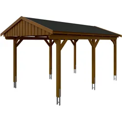 Skan Holz Fichtelberg - Satteldach Einzelcarport Breite 317 cm Gr. 1 - 317 x 566 cm Dachschalung mit Dachschindeln (schwarz) nussbaum Holzcarport