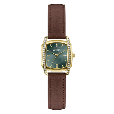 Quarzuhr GUESS "ETTA", braun (braun, grün, goldfarben, grün), Armbanduhren, Damen, goldfarben, Quarzuhr, Armbanduhr, Damenuhr, Lederarmband, analog