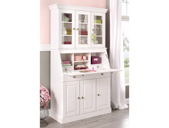 Sekretär GOODPRODUCT Rosi im Landhausstil , weiss (weiß), B:100cm H:180cm T:42,5cm, Sekretäre, Sekretär, Schreibtisch aus Massivholz, mit Vitrine, in 2 Breiten