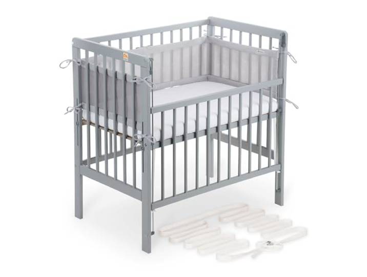 FabiMax Boxspring Baby Beistellbett Flex 90x55, aus Buchenholz grau lackiert, mit innovativem verstellbarem Seitengitter, passend für Boxspringbetten (Matratze Classic, Grau)