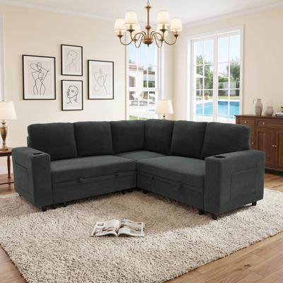 Loedds L-Shaped Pull-Out Sleeper Sofa with Hidden Storage Cup Holders and Side Pockets